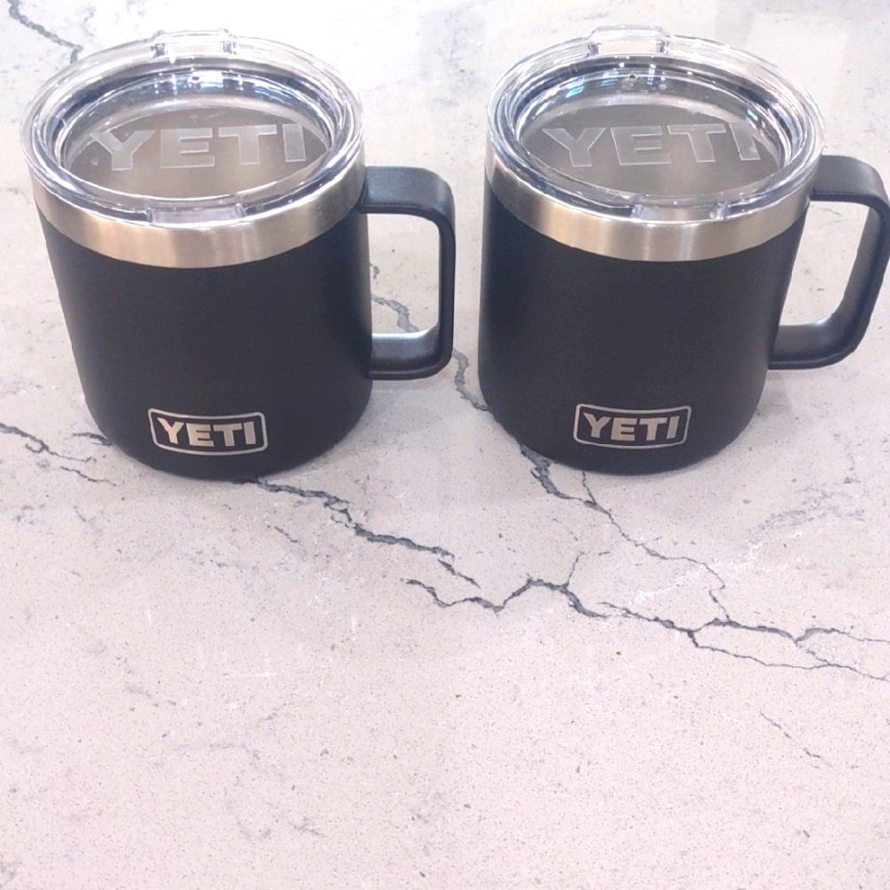 YETI Pair (2) Black Stainless Steel 14 Oz. Mugs With Lids